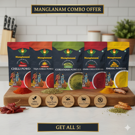 Manglanam spice powder packages on a wooden board with ingredients displayed.