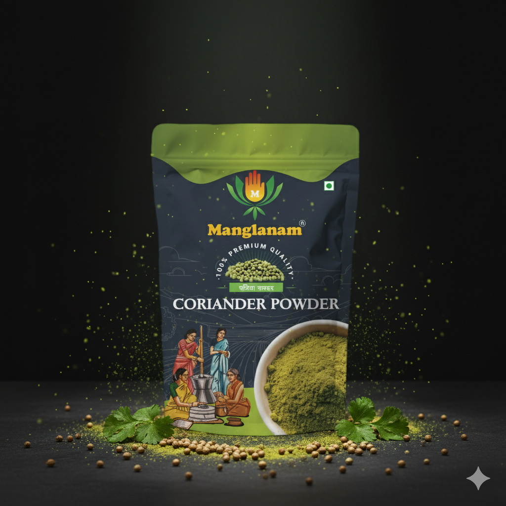 Manglanam coriander powder packaging on a dark background