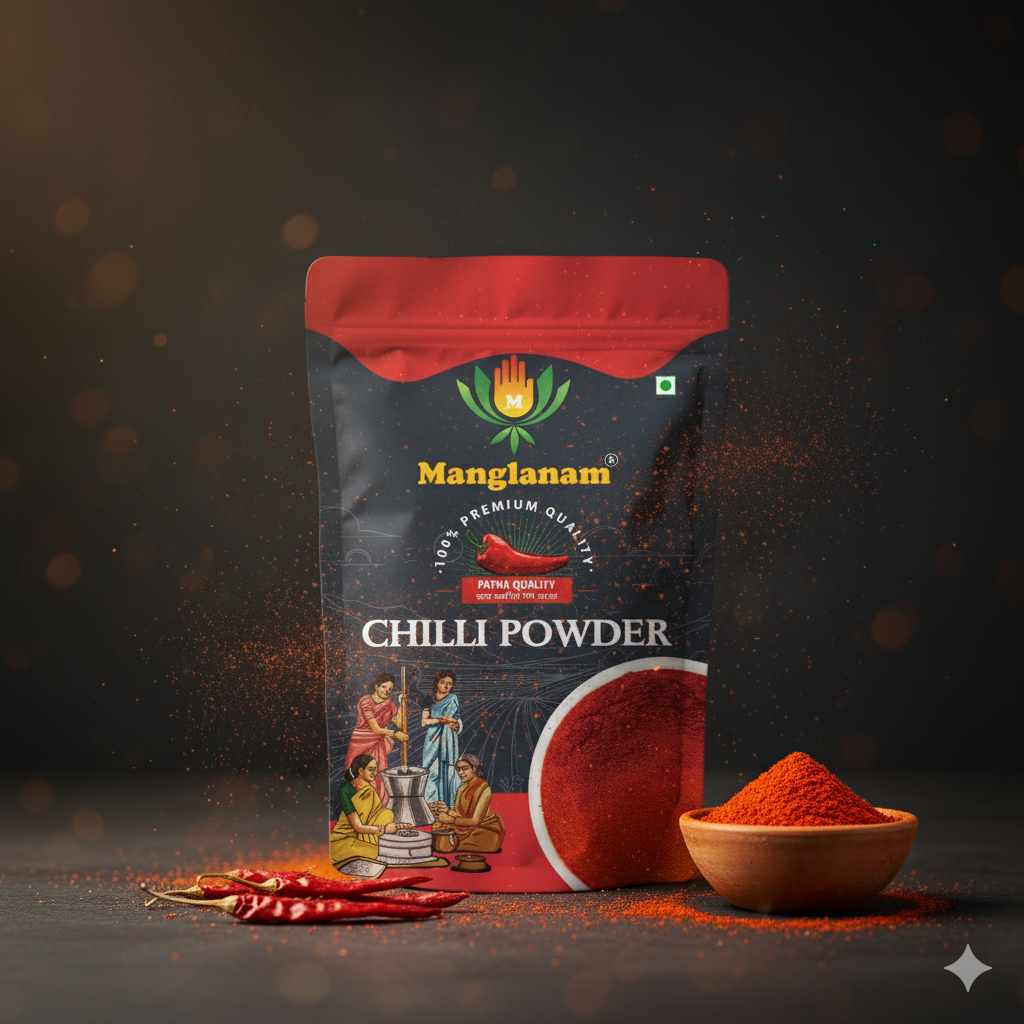 Manglanam Chilli Powder packaging with a bowl of red powder on a dark background