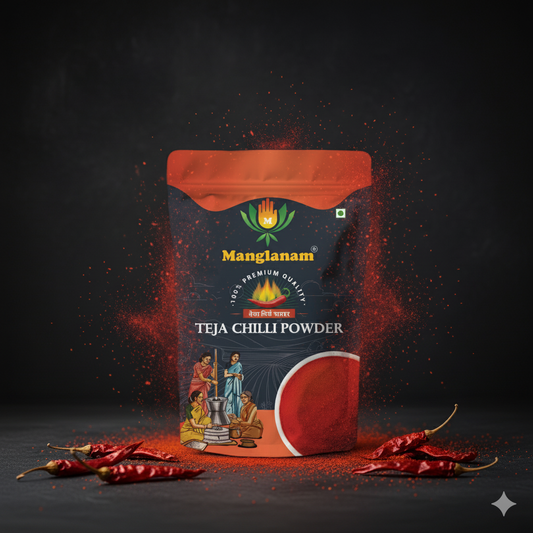 Manglanam Teja Chilli Powder packaging with chili peppers on a dark background