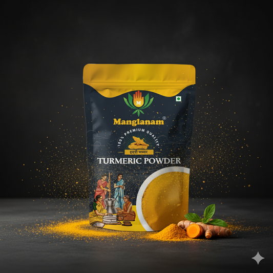 Manglanam Turmeric Powder packaging with turmeric powder and roots on a dark background