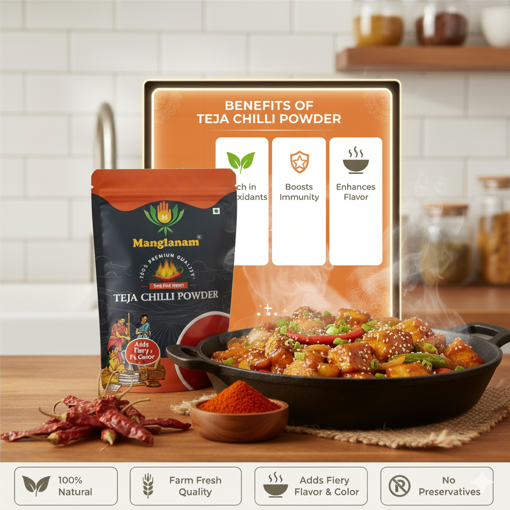 Mangianam Teja Chilli Powder packaging with a dish of food and benefits displayed on a kitchen counter.