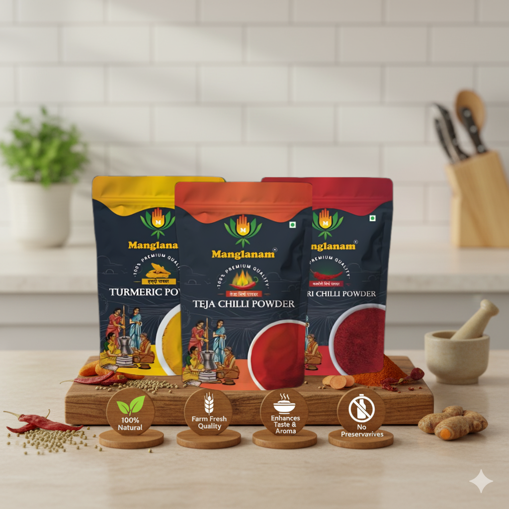 Three packages of Manglanam spices on a wooden board with ingredients and branding elements.