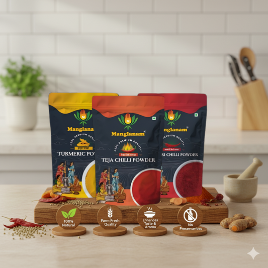 Three packages of Manglanam spices on a wooden board with ingredients and branding elements.