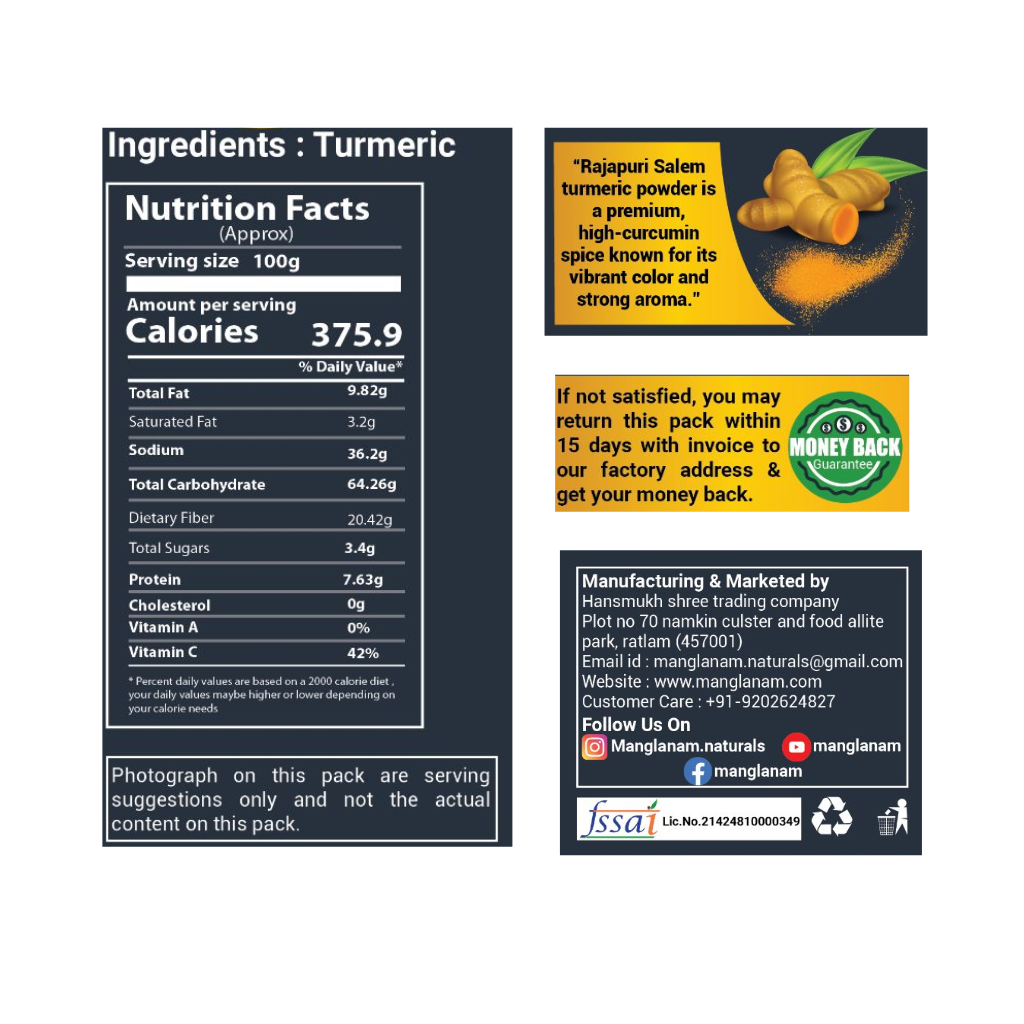 Nutrition facts label and product packaging of Rajapuri Salem turmeric powder.