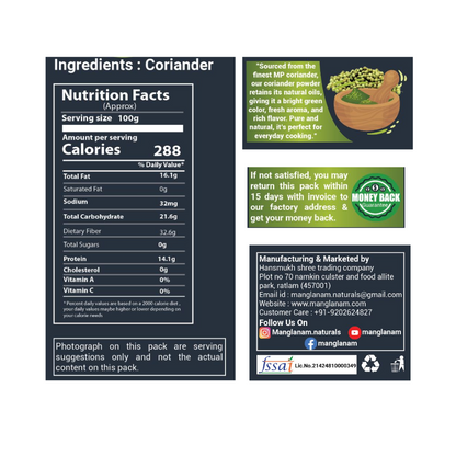 Nutrition facts label and ingredient list for coriander powder on a white background